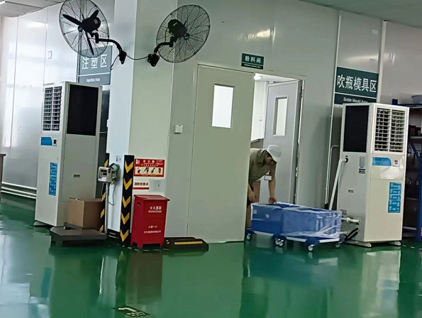 注塑廠整體降溫，安裝應用星科蒸發冷省電空調-5p工業立式軸流空調機組